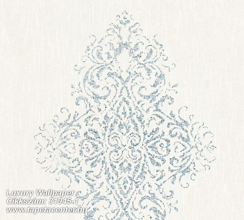 Barokk-klasszikus,textilmintás,valódi textil,ezüst,fehér,gyengén mosható,vlies tapéta 